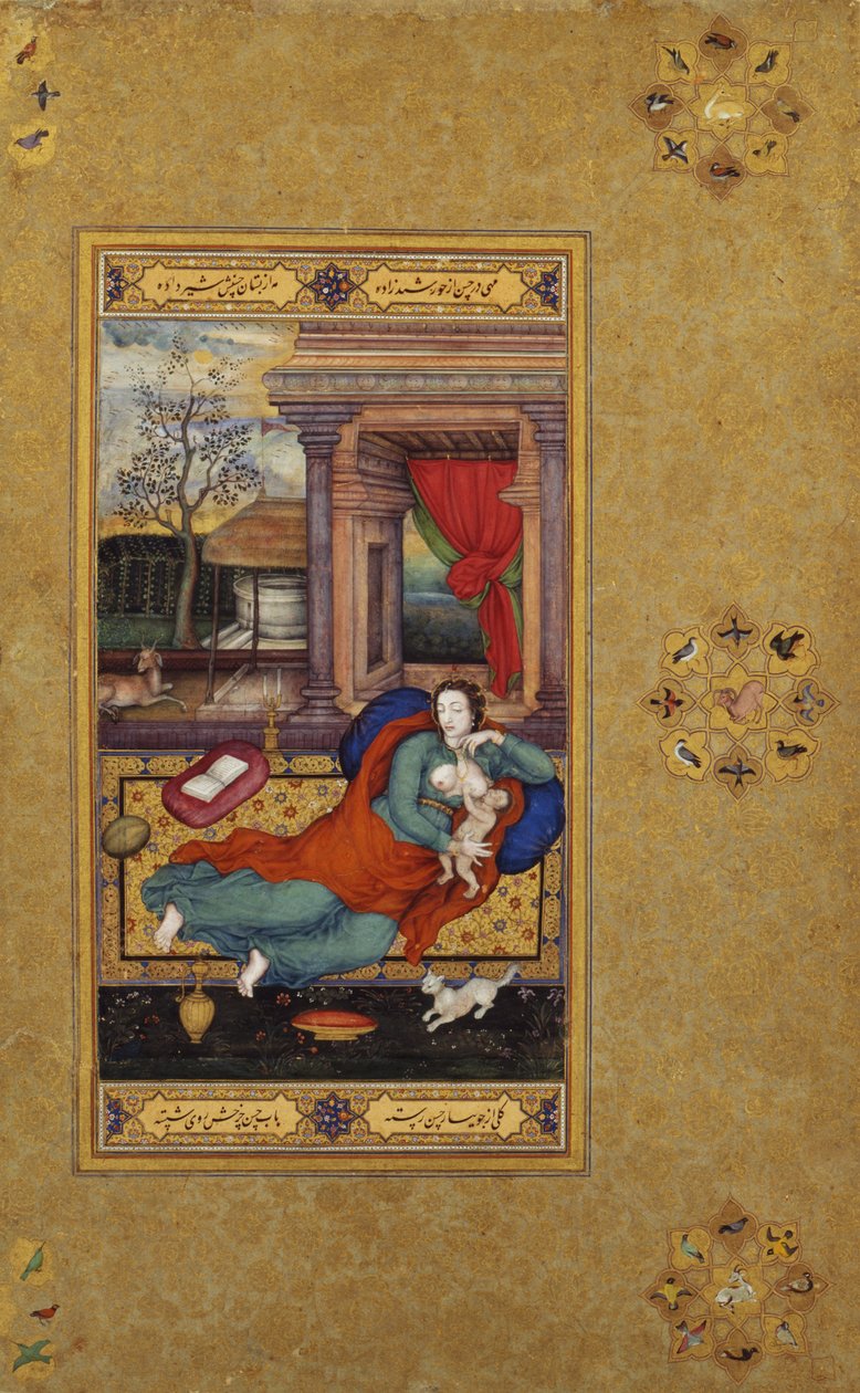The Virgin and Child, 1590, albüm sayfası c.1610 (kağıt üzerinde opak wc ve altın) by Basawan