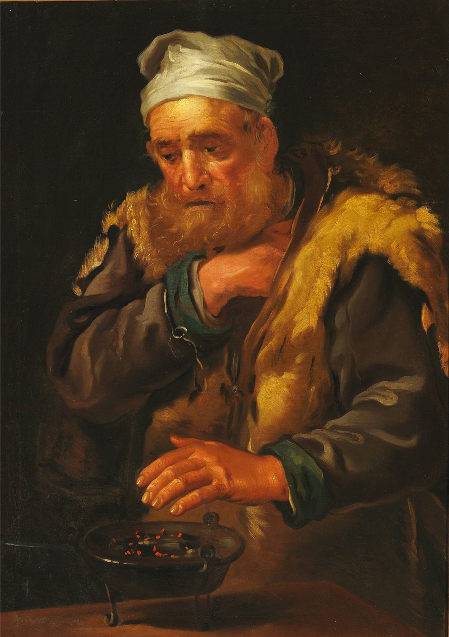 Ellerini bir kömür havzasında ısıtan yaşlı bir adamla iç mekan by Bernhard Keil