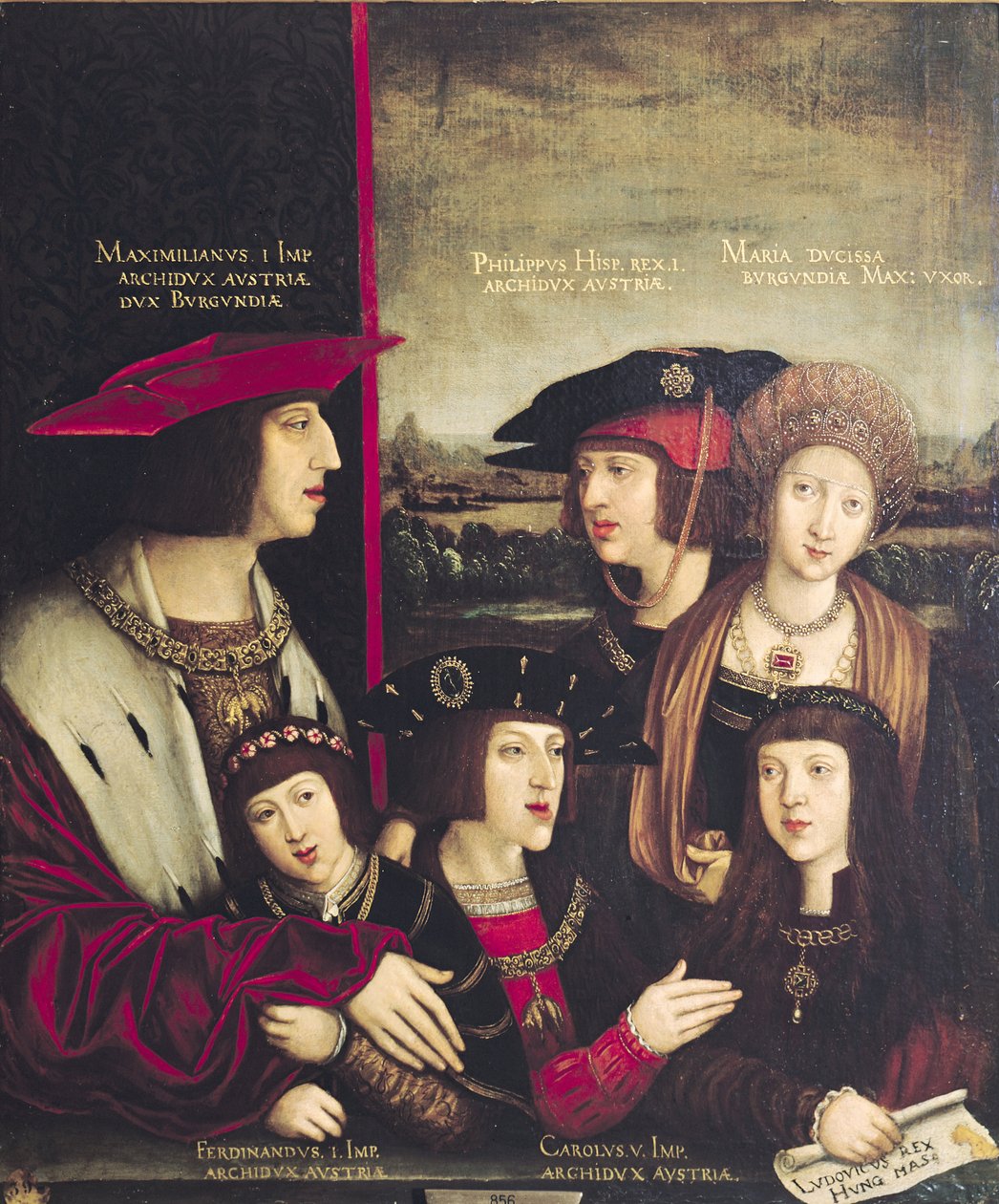 İmparator I. Maximilian (1493-1519), eşi Burgonyalı Mary ve oğulları V. Charles (1500-58) ve I. Philip (1478-1506) ile birlikte by Bernhard Strigel