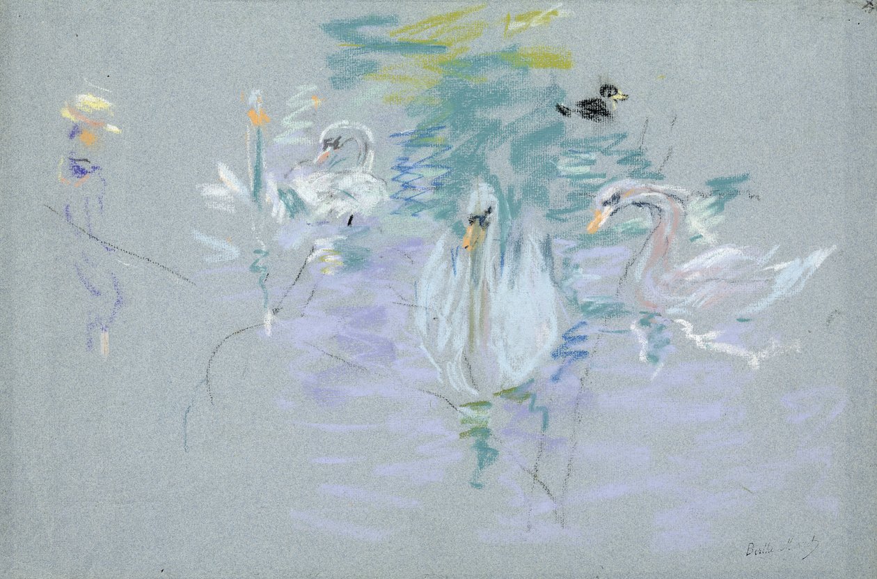 Kuğular, 1885 (kağıt üzerinde pastel) by Berthe Morisot