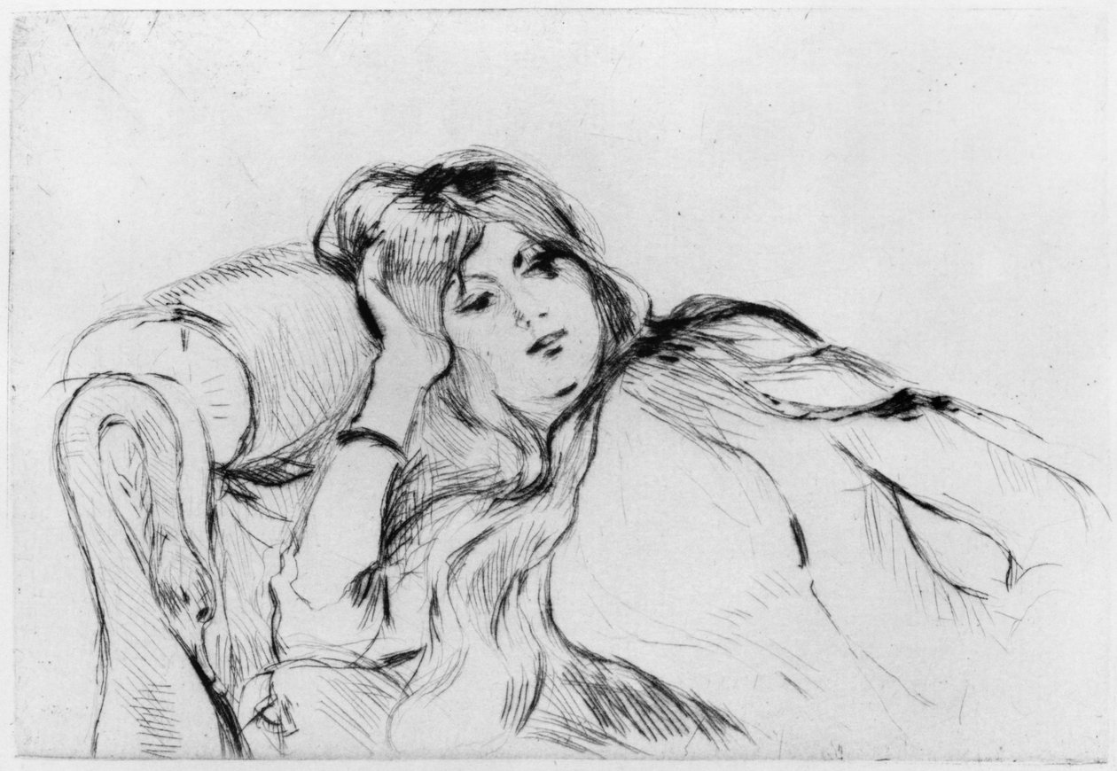 Dinlenme halindeki genç kadın, 1889 (kuru nokta) by Berthe Morisot