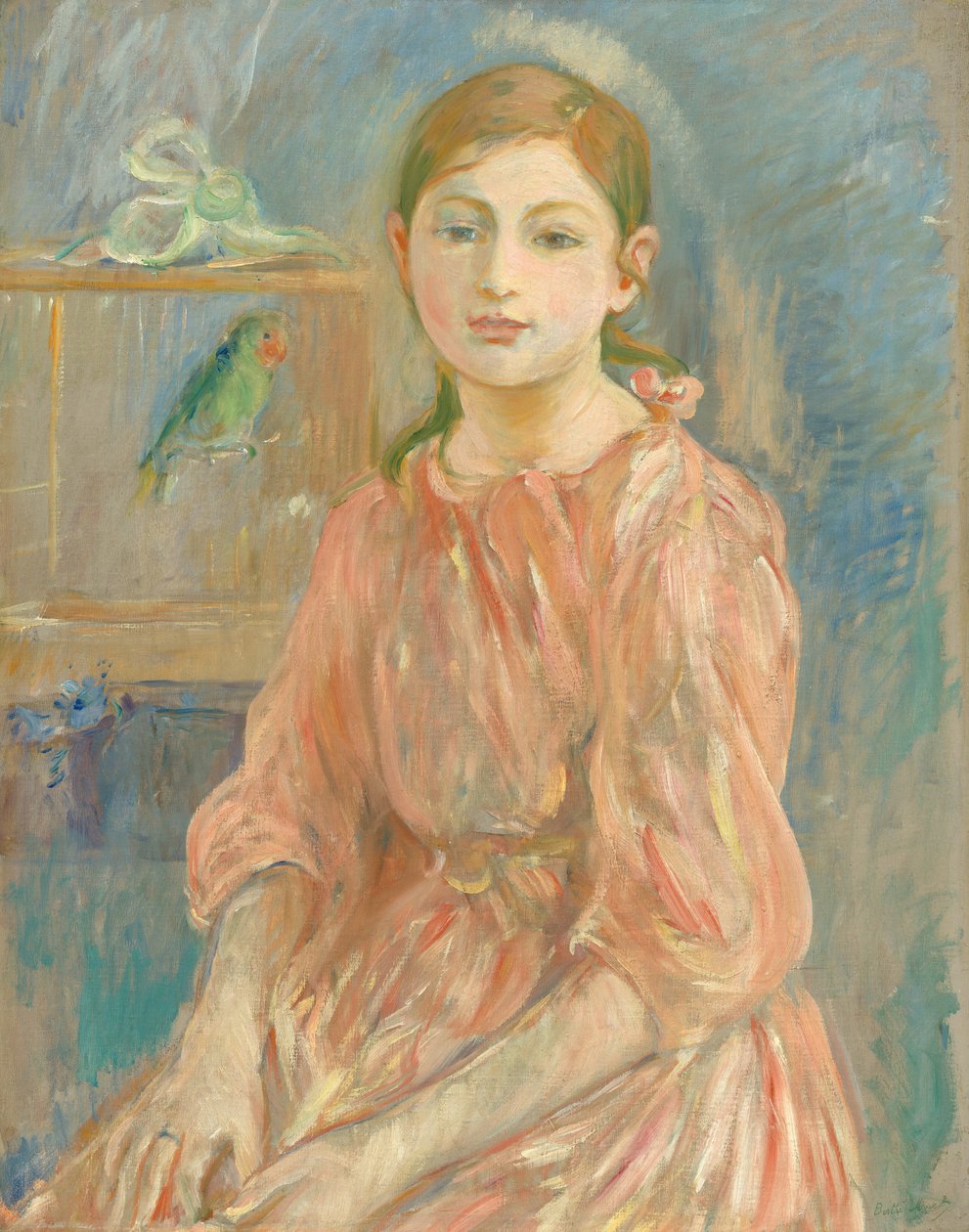 Bir Muhabbet Kuşu ile Sanatçının Kızı by Berthe Morisot