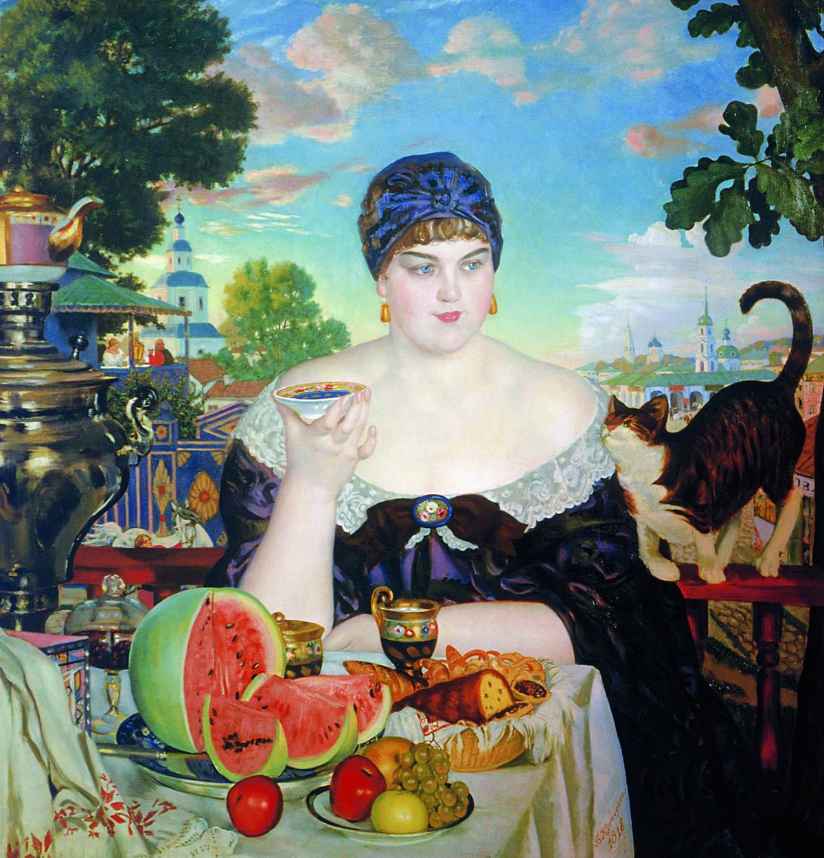 Bir Tüccar Eşleri Çay Saati by Boris Mikhailovich Kustodiev