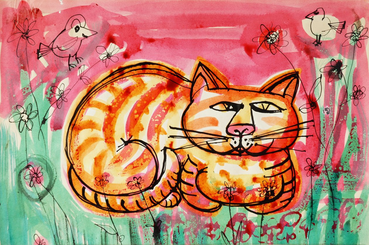 Cat (akrilik poster rengi ve renkli mürekkepler) by Brenda Brin Booker