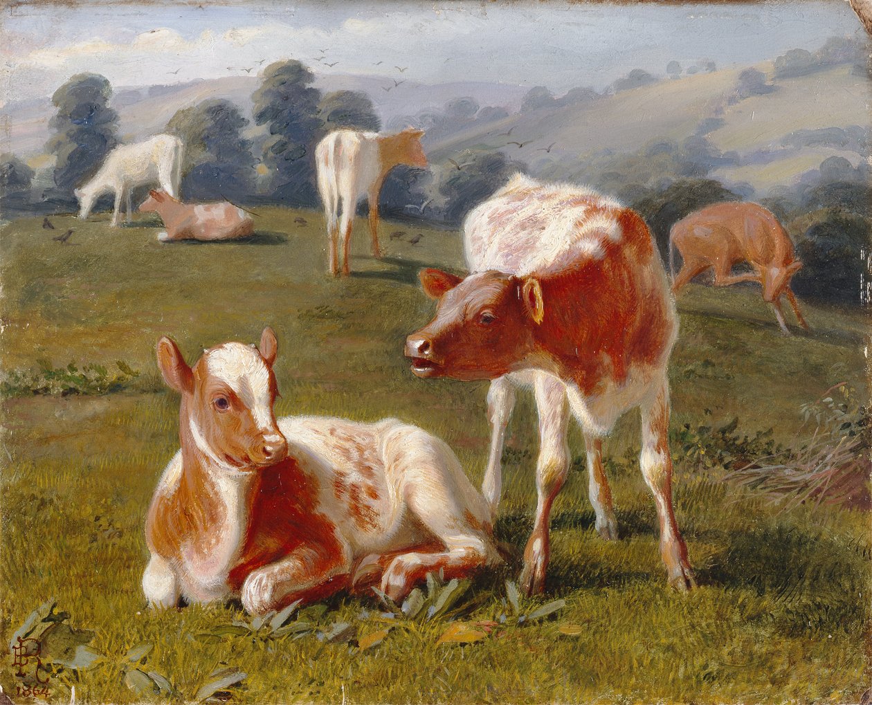 Çayırdaki buzağılar (değirmen tahtasında yağ) by Briton Riviere