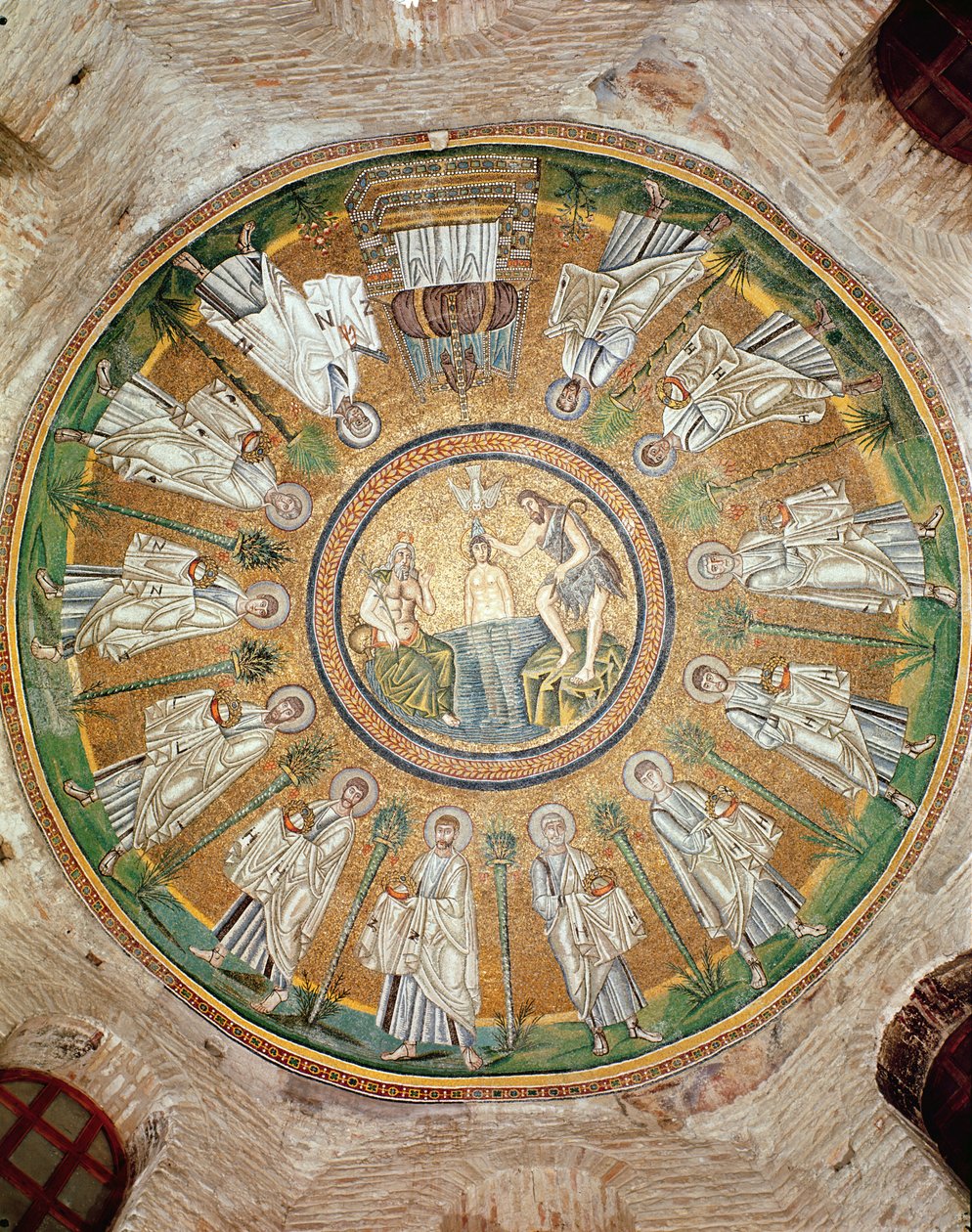 Baptism of Christ surrounded by the twelve apostles bearing crowns (mosaic) by Byzantine School