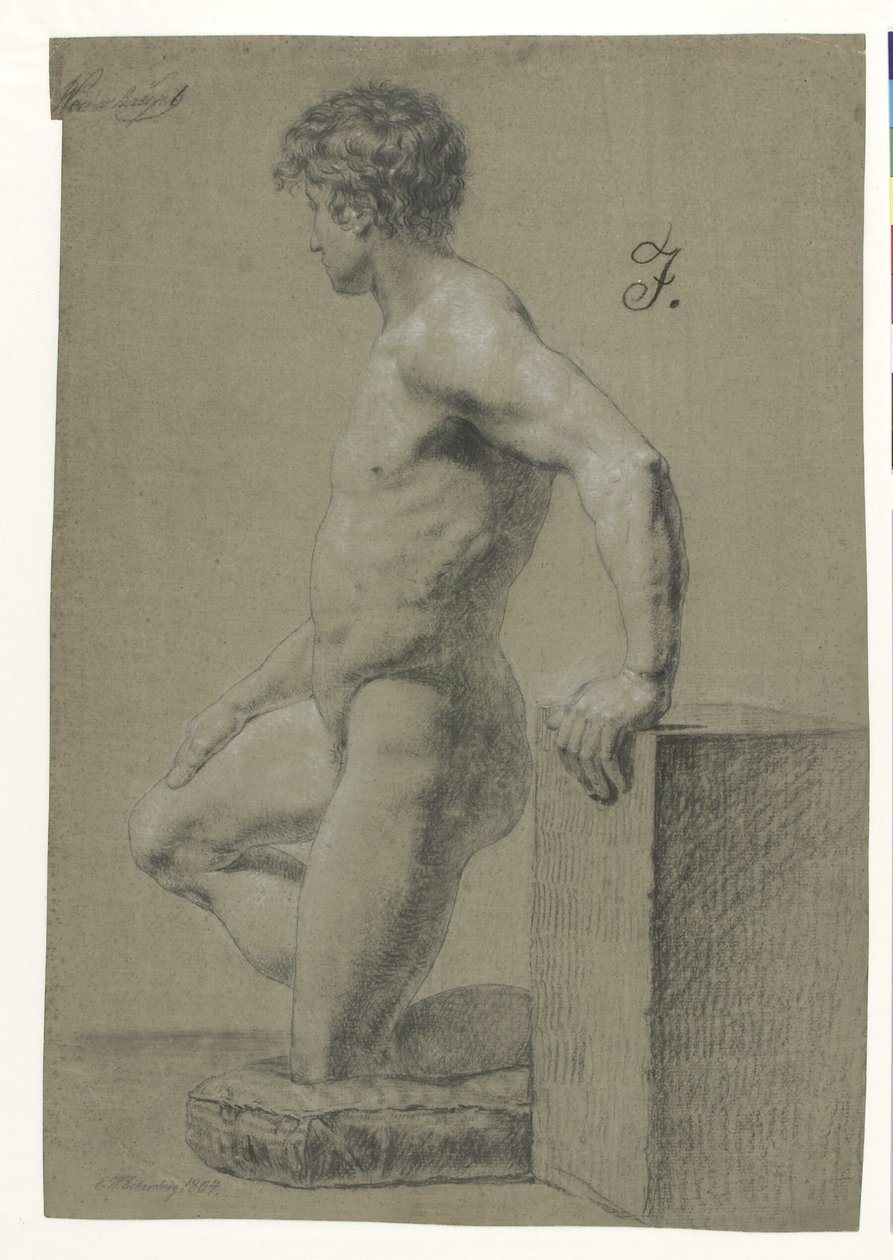Diz çökmüş erkek model figürü, soldaki profil by Christoffer Wilhelm Eckersberg