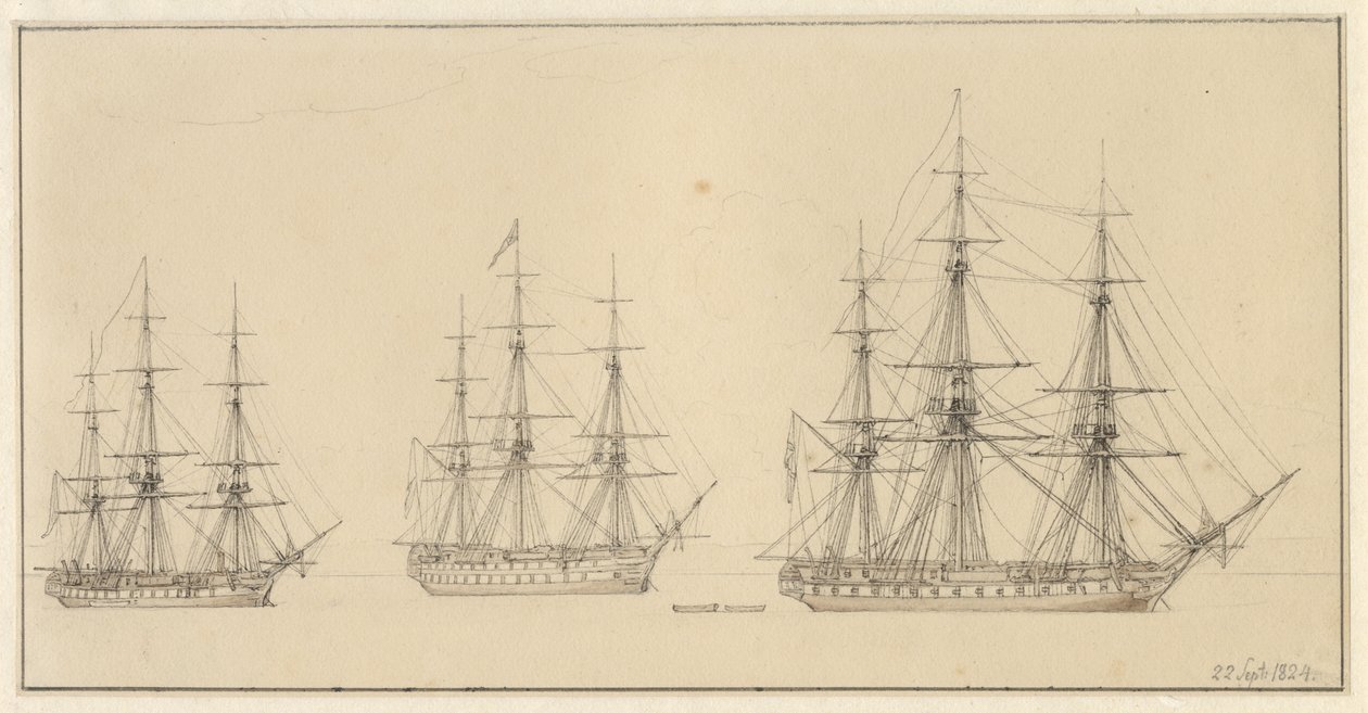 Üç Rus gemisi. by Christoffer Wilhelm Eckersberg