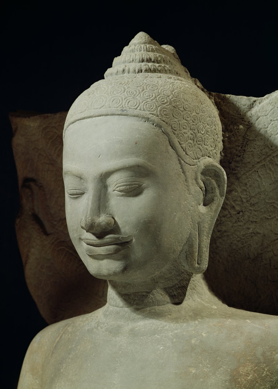 Buddha in Meditation on the Naga King, Mucilinda, detail of Buddhas head, from Preah Khan, Bayon style, 12th-13th century sandstone by Cambodian School