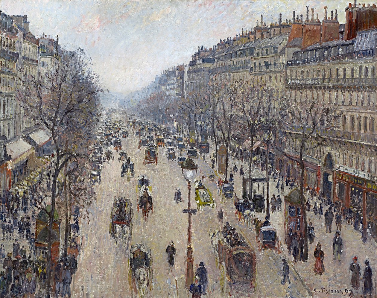 Boulevard Montmartre, sabah, bulutlu hava by Camille Jacob Pissarro