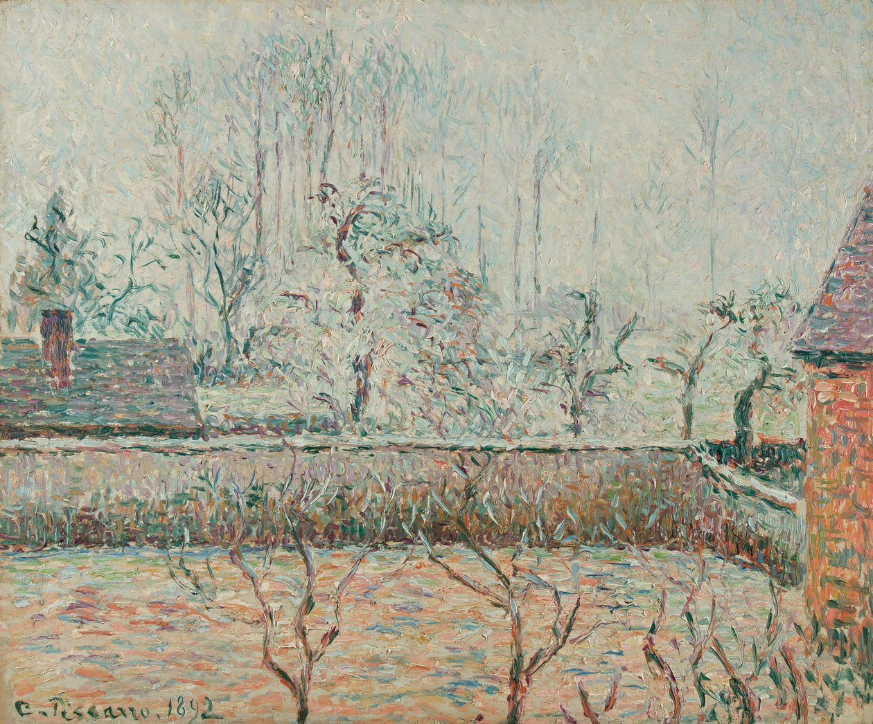 Evler ve Çit Duvar, Don ve Sis ile Peyzaj (1892) by Camille Jacob Pissarro