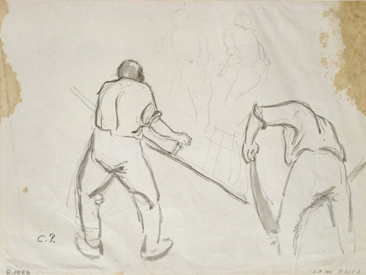 Bir erkek hasat makinesinin üç çalışması (kağıt üzerinde kurşun kalem üzerine gri yıkama) by Camille Jacob Pissarro