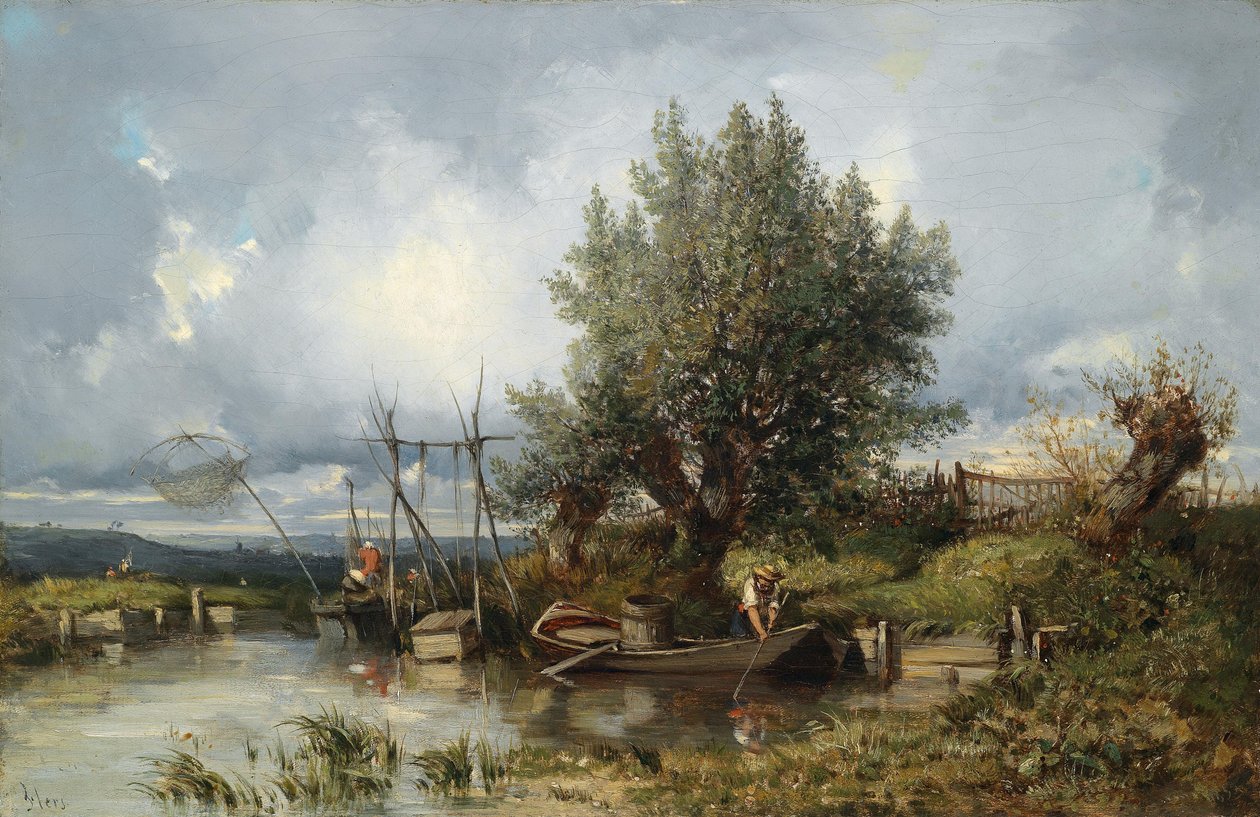 Olta balıkçıları ile nehir manzarası by Camille Flers