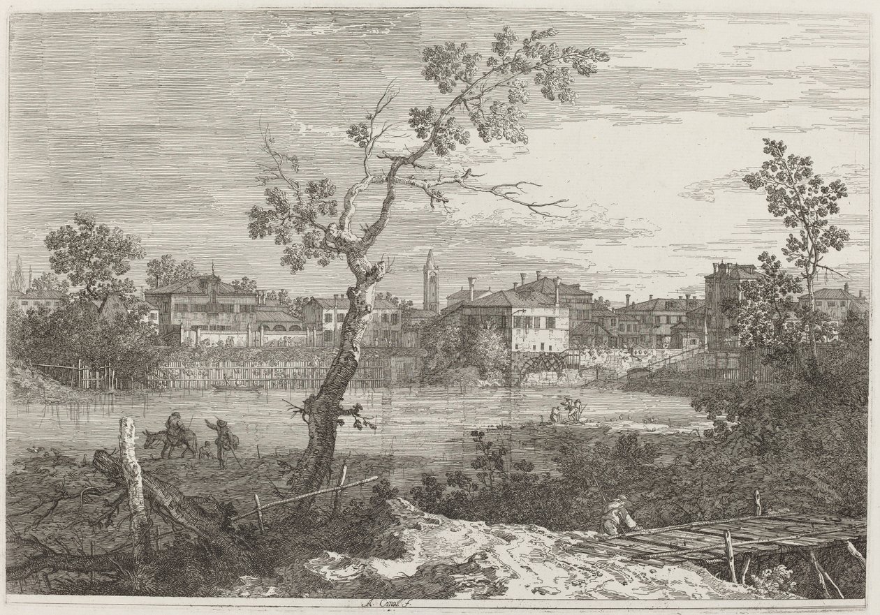 Nehir kıyısında bir kasabanın görünümü by Canaletto