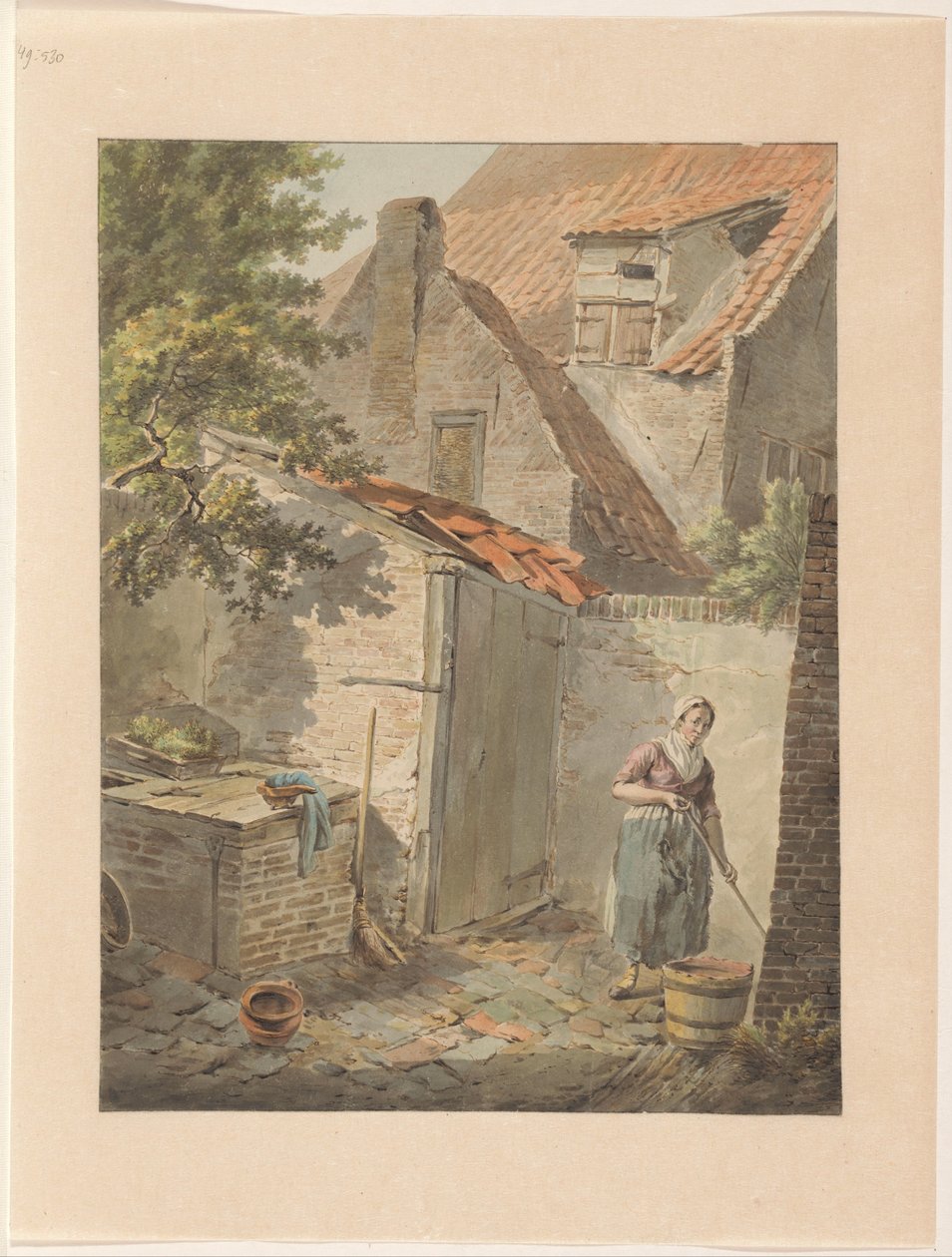 Bir hizmetçi temizliği ile avlu by Carel Lodewijk Hansen