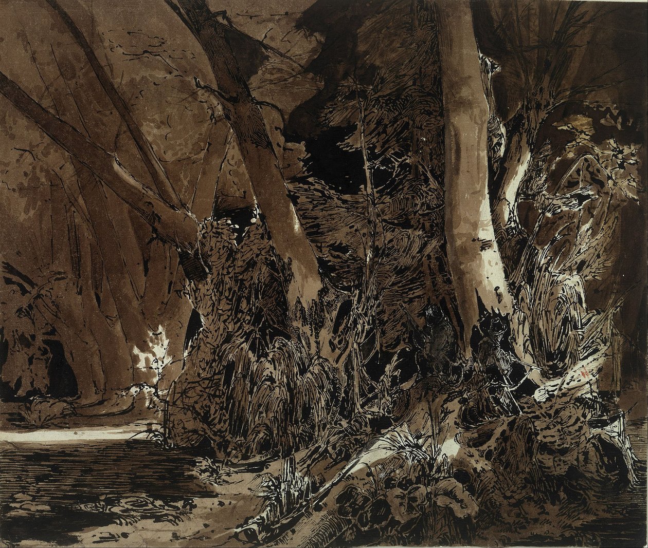 Akan su ve iki avcı ile orman manzarası by Carl Blechen