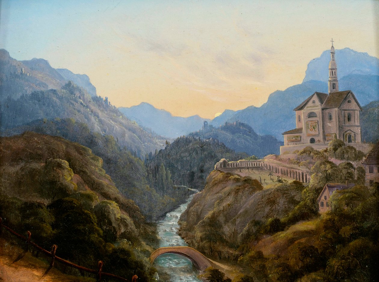 Nehir vadisi ve manastır kompleksi ile akşam dağ manzarası by Carl Gustav Carus