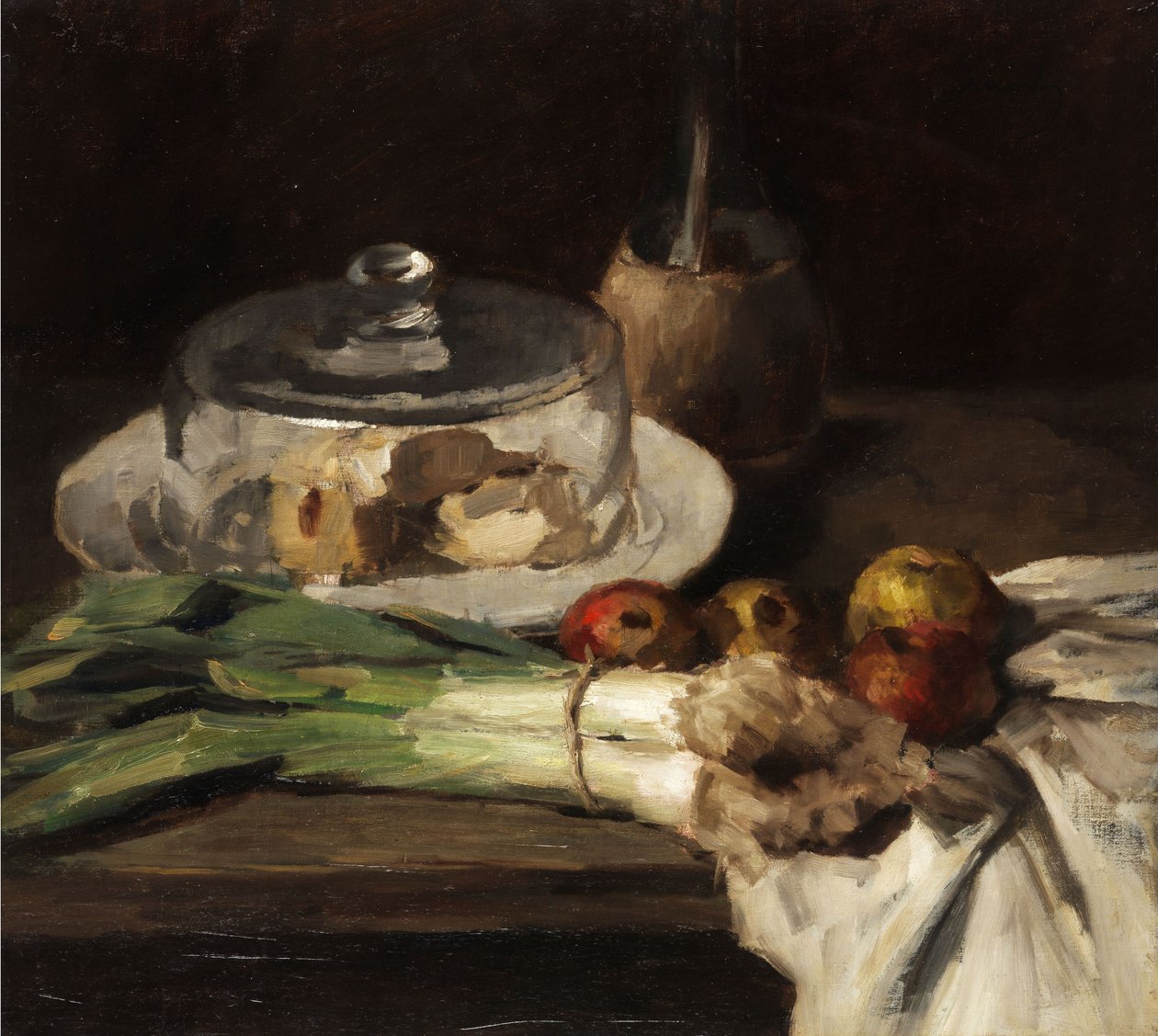 Pırasa çubukları, elmalar ve çan kavanozlu peynir tabağı ile natürmort by Carl Schuch
