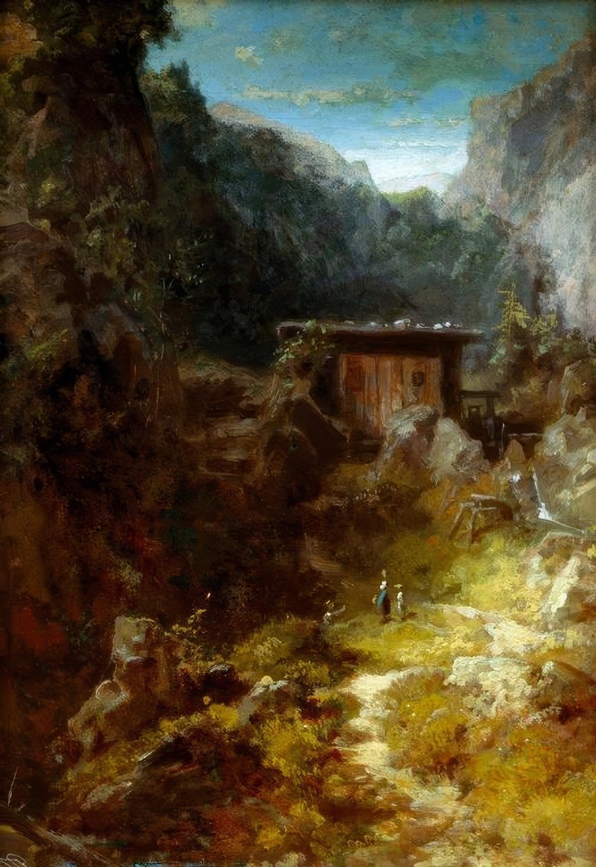 Üç figürlü dağlarda değirmen by Carl Spitzweg