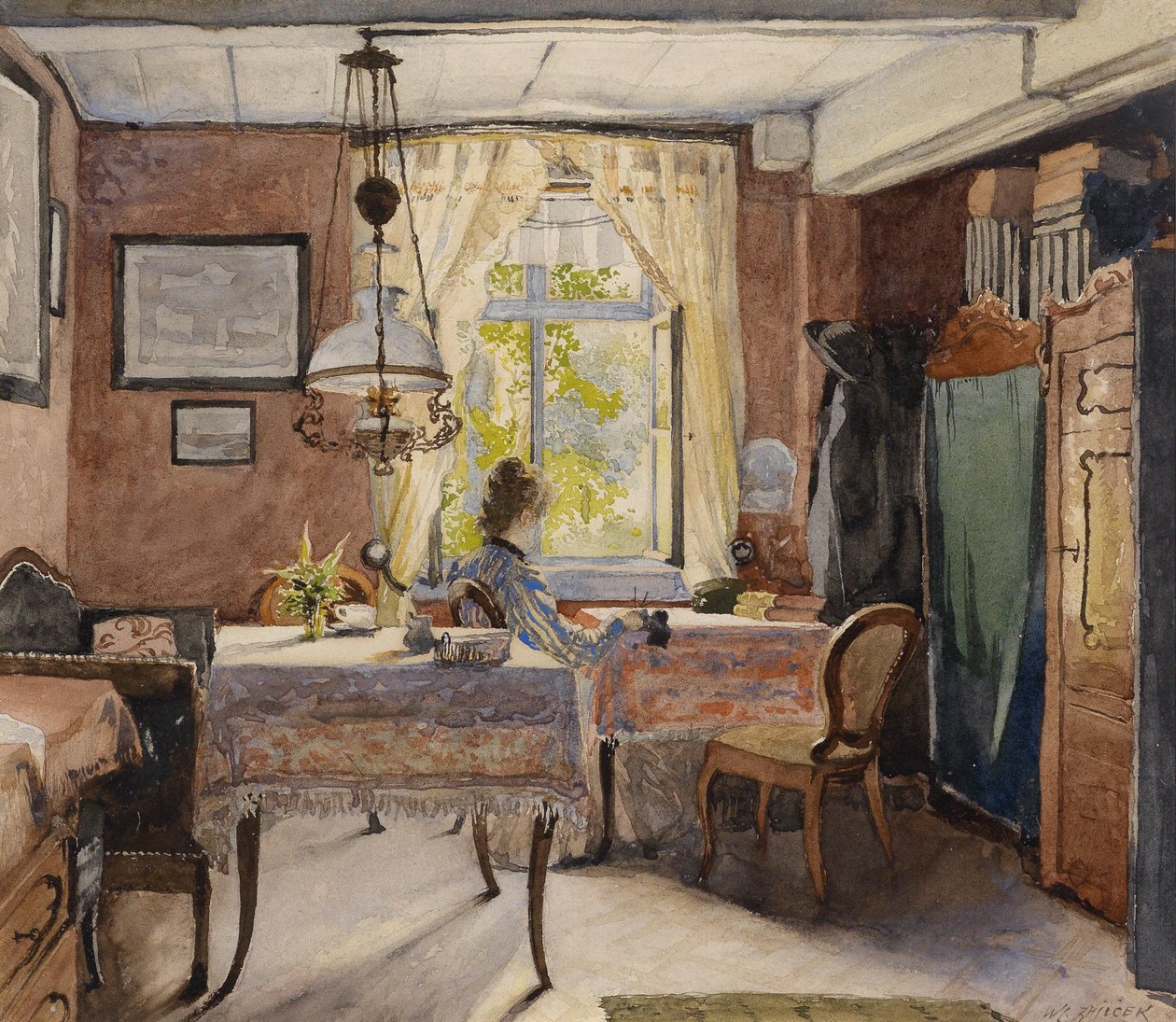 Pencerede bir kadınla güneşli iç by Carl Wenzel Zajicek