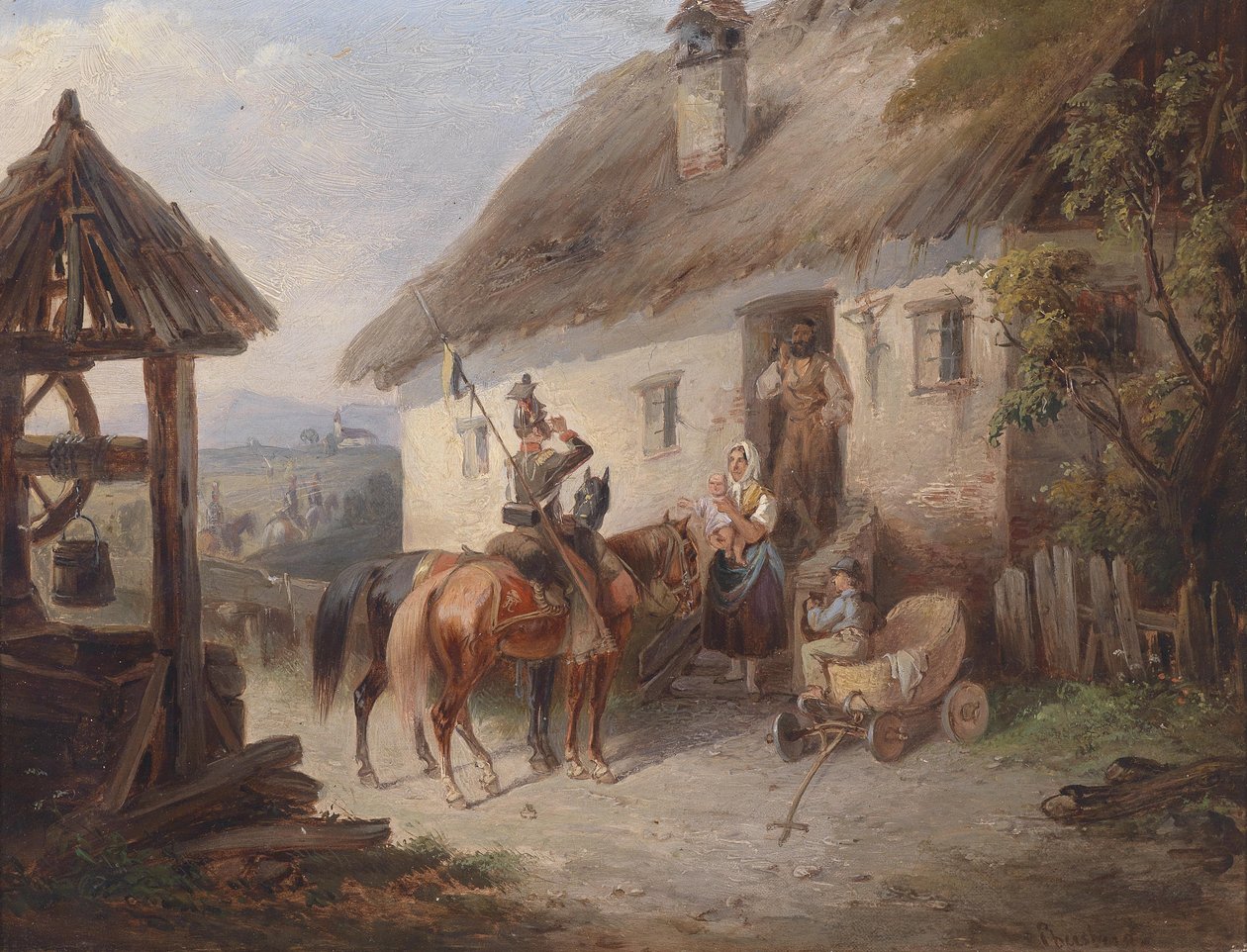 Bir çiftlik evinin önünde Avusturyalı Uhlans by Carl Martin Ebersberg