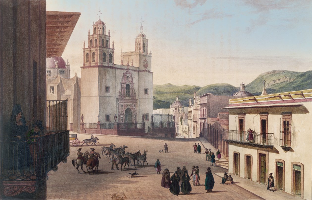 Plaza Mayor de Guanajuato (renkli gravür) by Carl Nebel