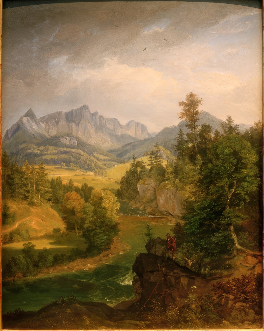 Berchtesgaden yakınlarında bir nehir olan dağ manzarası by Carl Rottmann