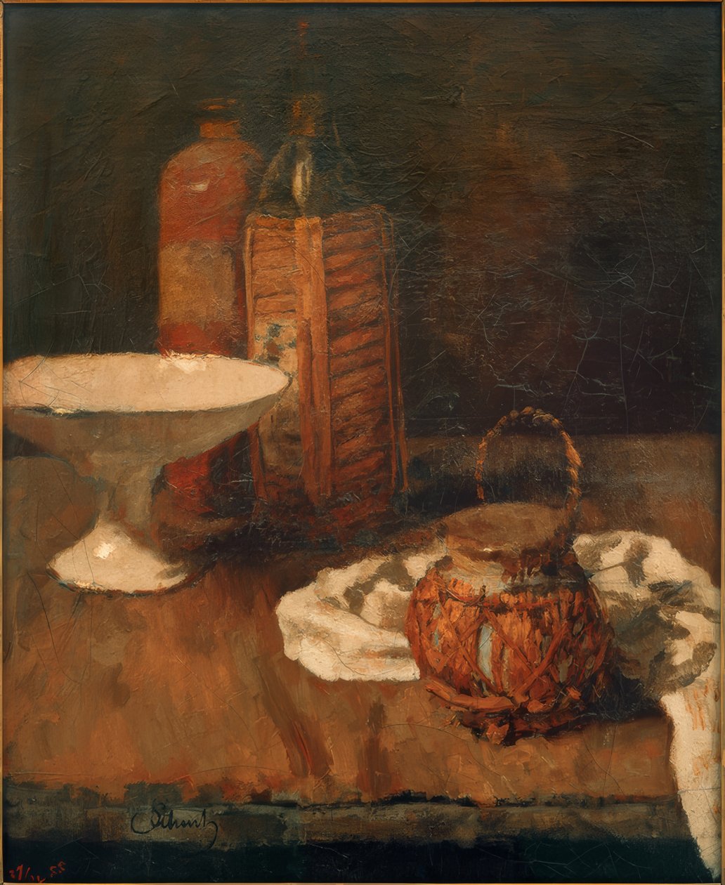 Bir marasquino şişesi ve kase ile natürmort by Carl Schuch