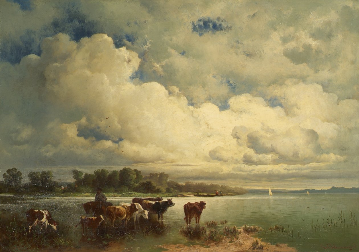 İnekler ile su manzarası by Carl Schweninger d. Ä.