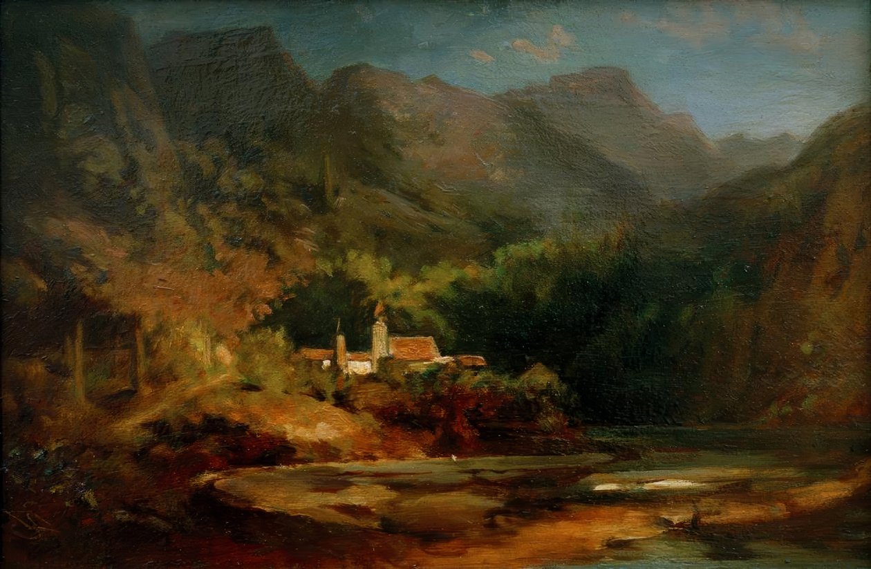 Dağ vadisinde bir gölde köy by Carl Spitzweg