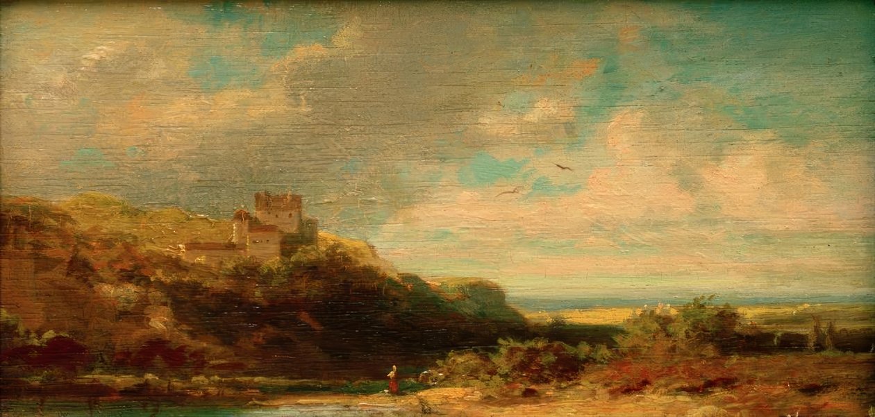 Bir nehir vadisi ve bir kale ile manzara by Carl Spitzweg