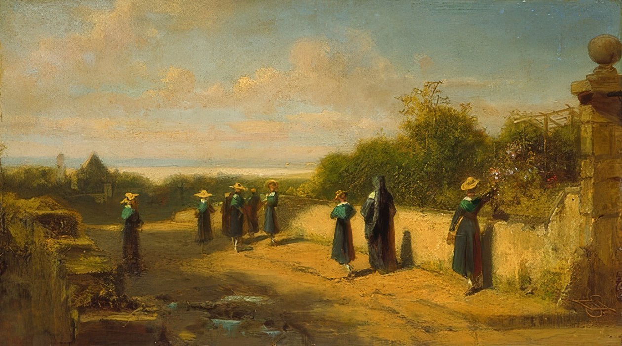 Kızlar yatılı okul yürüyüşte. 1870 civarında by Carl Spitzweg