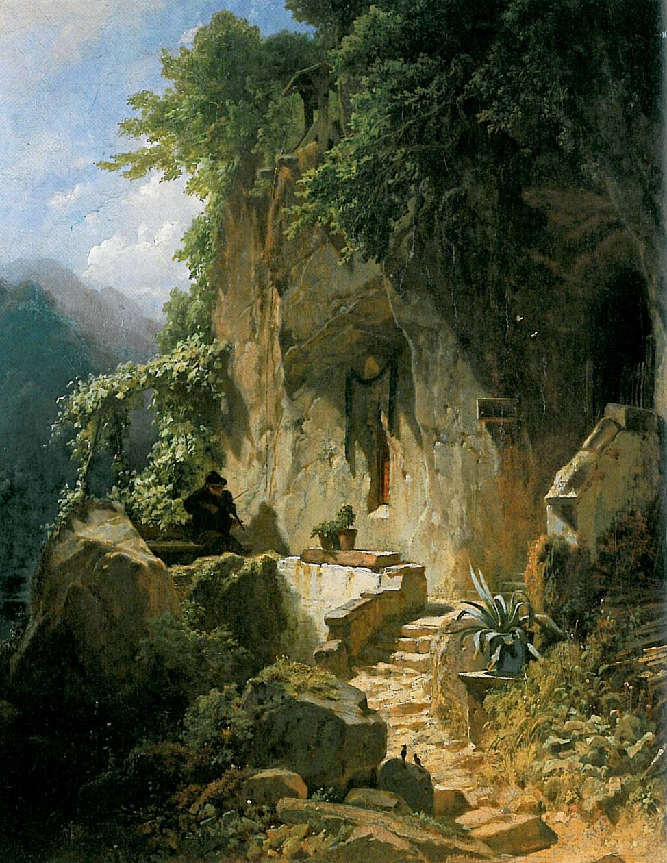 Rock mağarasının önünde müzik yapan keşiş by Carl Spitzweg