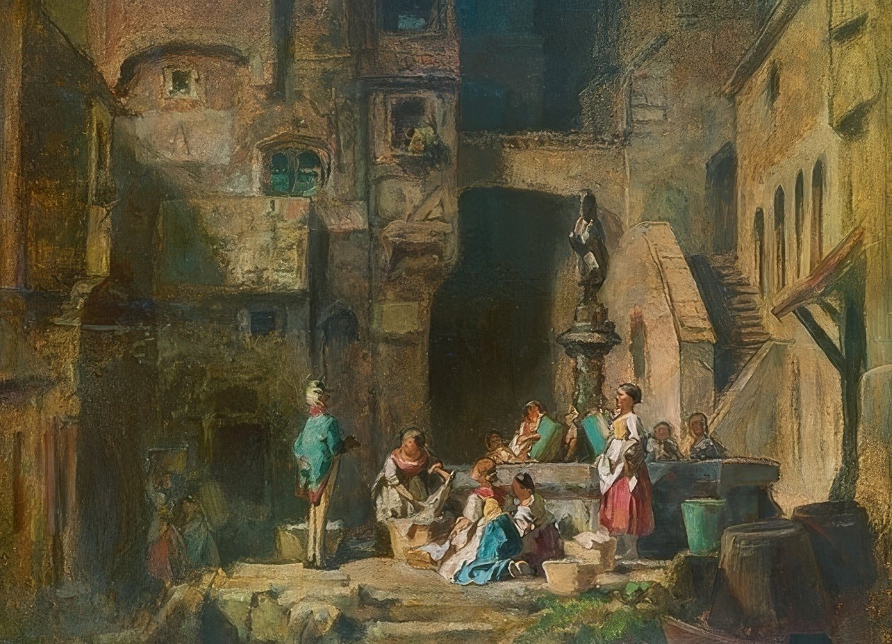Kuyudaki çamaşırcı kadınlar. 1882 civarında by Carl Spitzweg