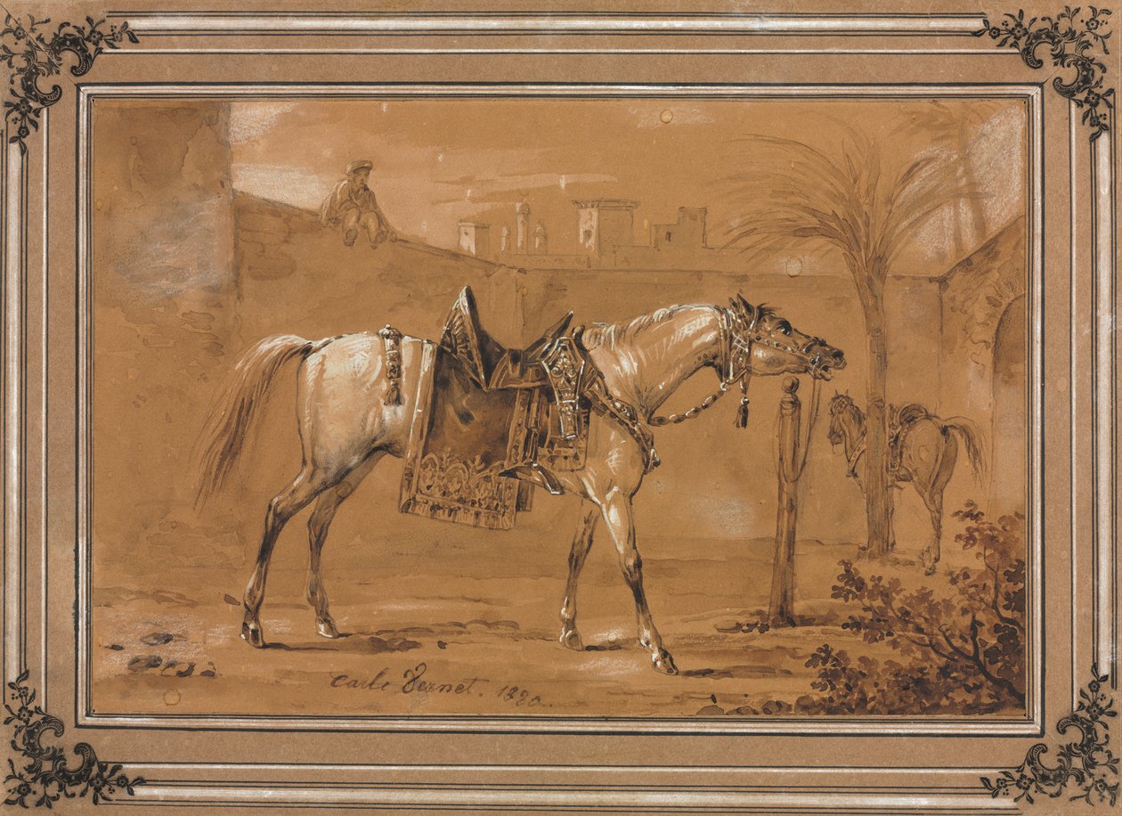 Avluda eyerli Arap atı by Carle Vernet