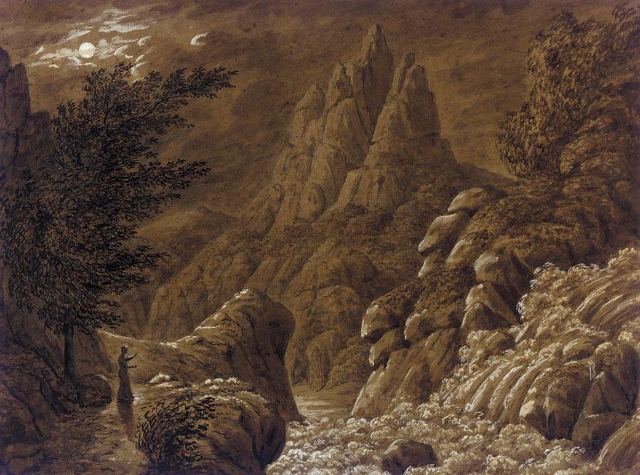 Şelaleli ideal dağ manzarası by Caspar David Friedrich