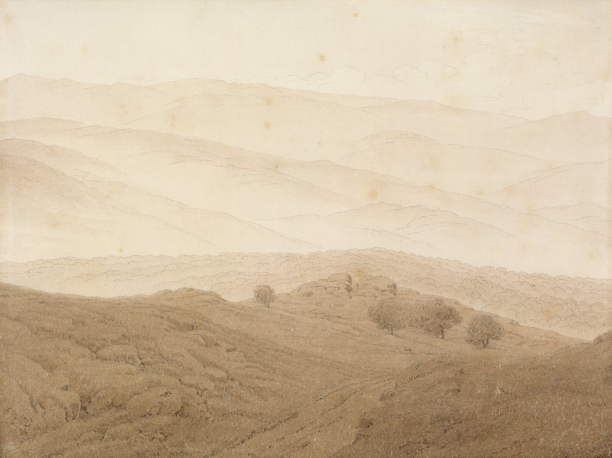 Teplitz yakınlarındaki dağ manzarası (grafit ve yıkama) by Caspar David Friedrich