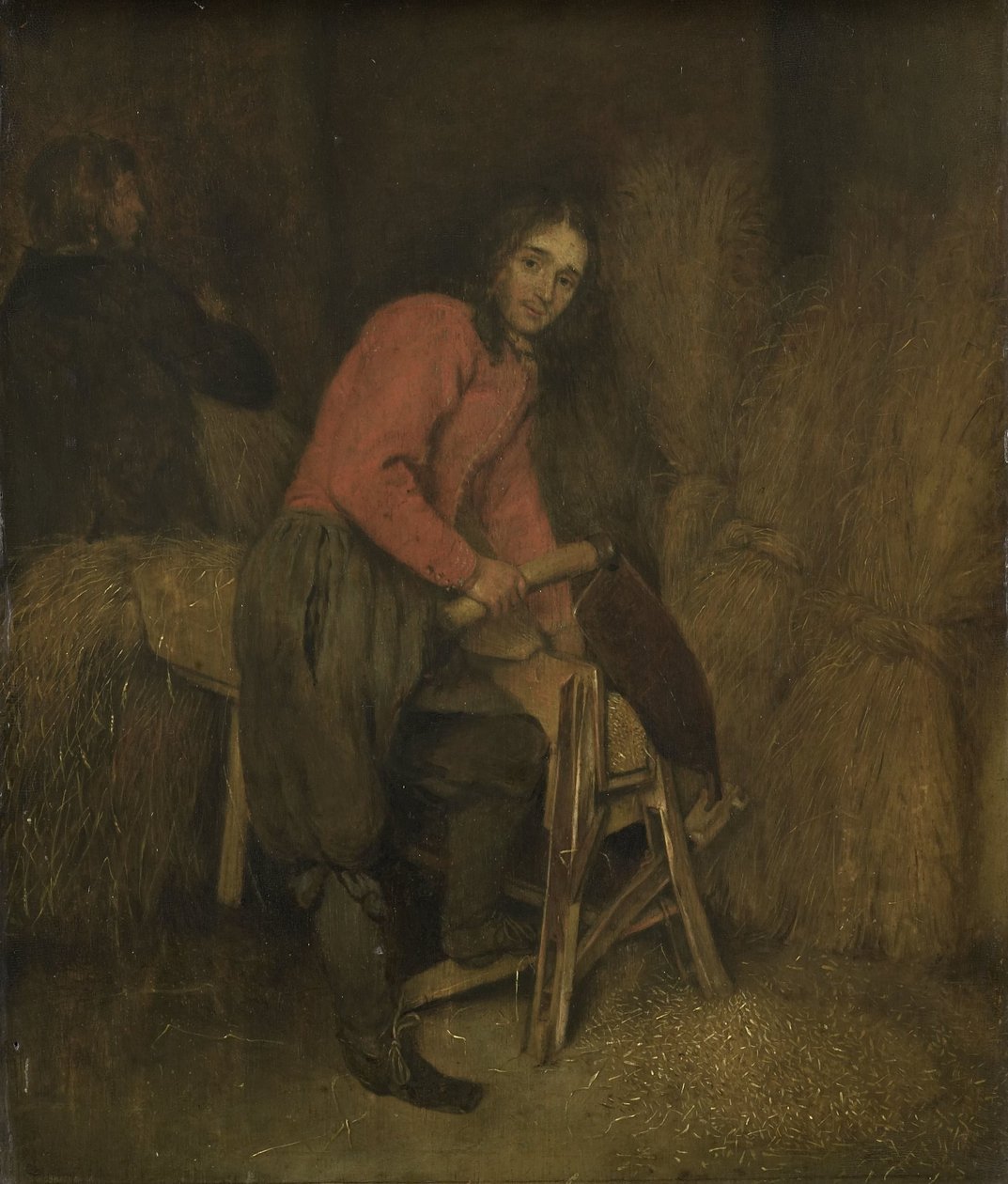 Saman balyalarını kırpmak by Caspar Netscher (attributed to)