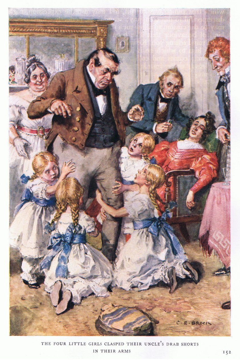 Dört küçük kız kollarıyla amcalarının kısa şortunu kavradı. by Charles Edmund Brock