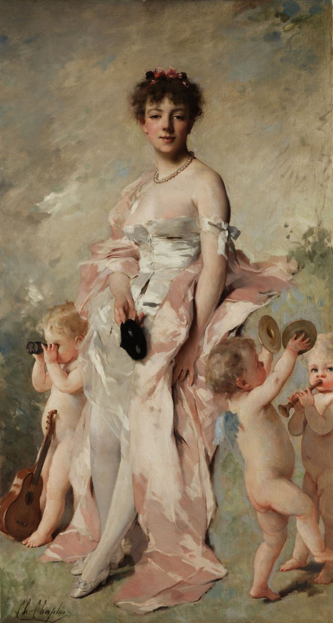 Putti ile balo elbiseli genç kadın by Charles Joshua Chaplin