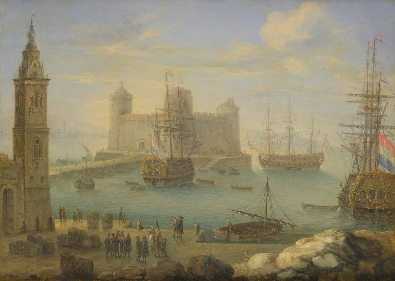 Erkeklerin savaştığı bir Akdeniz limanı (bakır üzerine petrol) by Charles Laurent Grevenbroeck