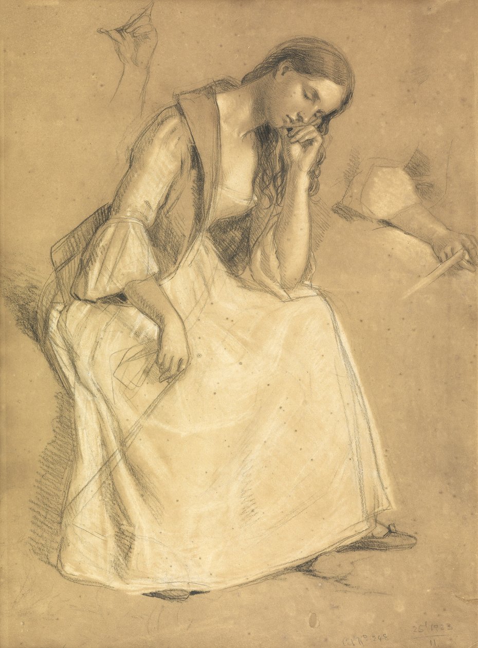Oturan bir kızın çalışması (kağıt üzerinde kalem ve tebeşir) by Charles West Cope
