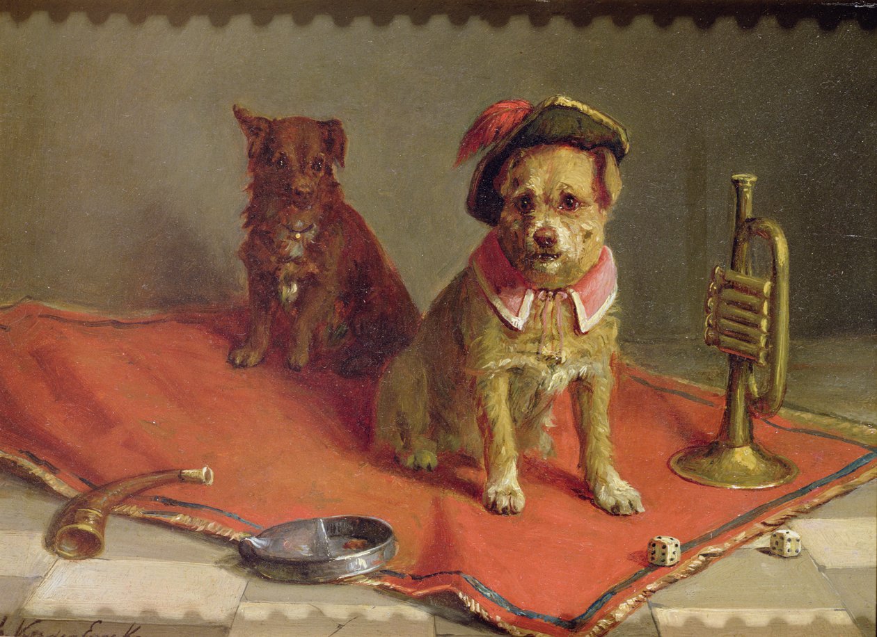 Trompet ve zar ile askeri şapka ve yakalı köpek by Charles van den Eycken