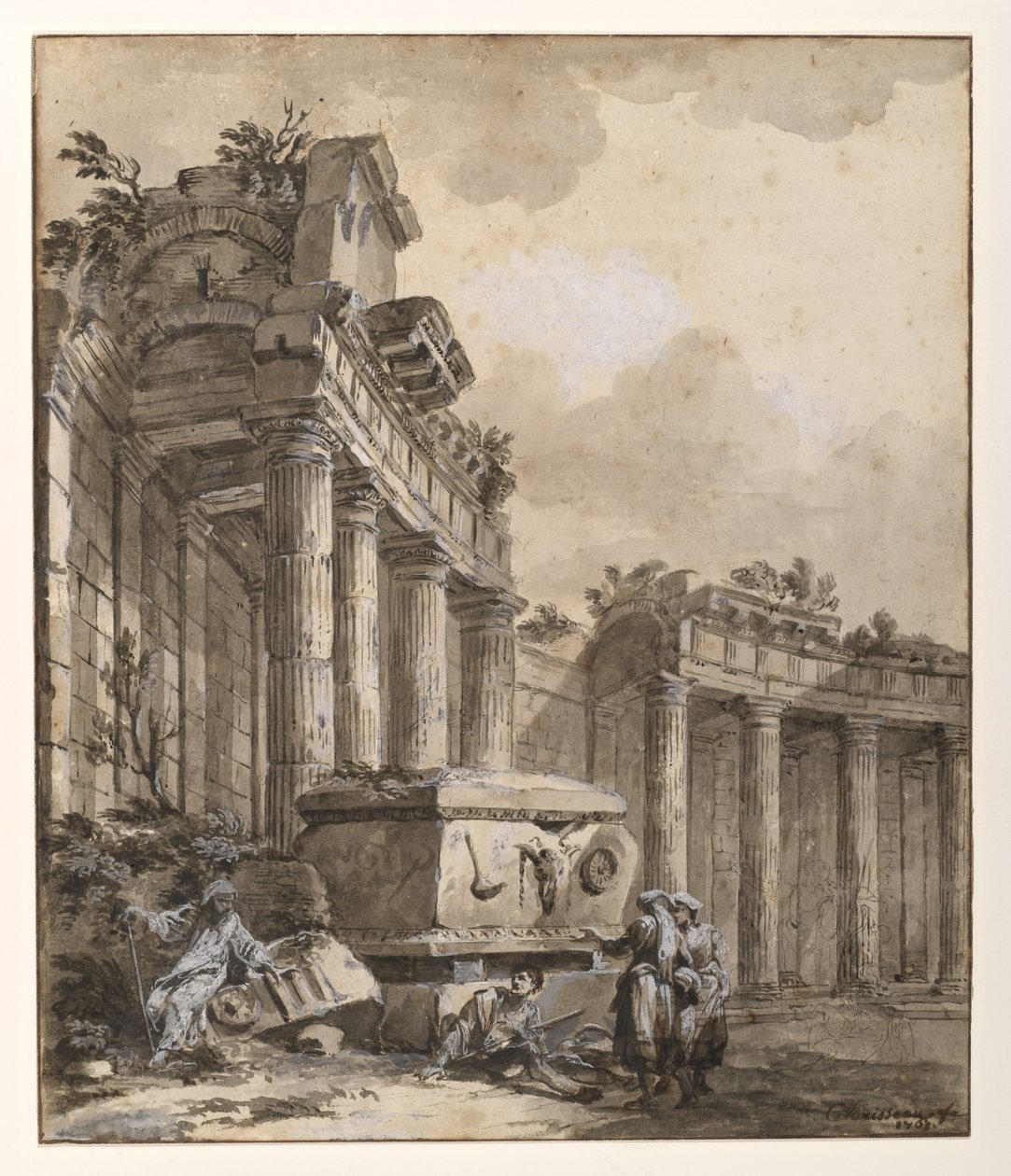 Yıkılmış Sütunluların Yanındaki Figürler by Charles Louis Clerisseau