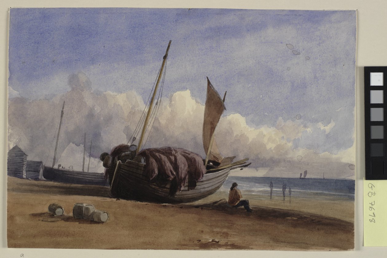 Oturmuş balıkçı ile sahile balıkçı teknesi by Charles Bentley