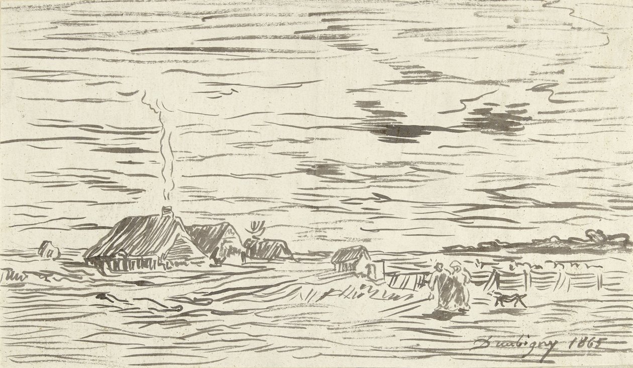 Düz arazide çiftlik evleri by Charles Francois Daubigny