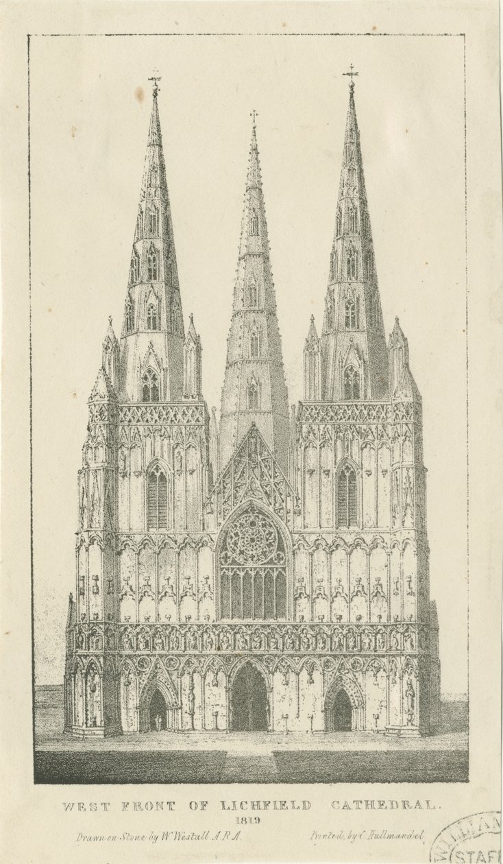 Lichfield Katedrali - Batı Cephesi: gravür by Charles Joseph Hullmandel