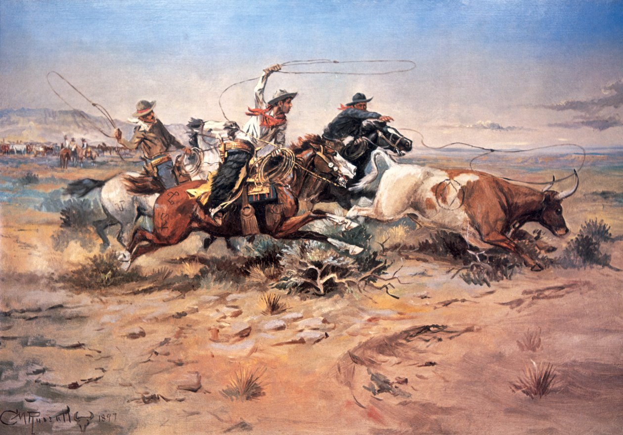Bir dümeni iple çeken kovboylar by Charles Marion Russell