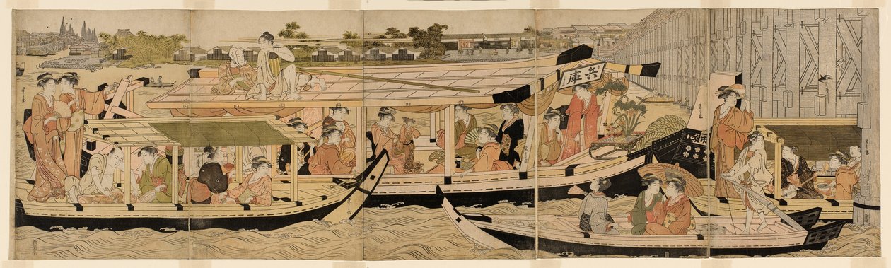 Sumida Nehri Üzerinde Eğlence Tekneleri by Chobunsai Eishi
