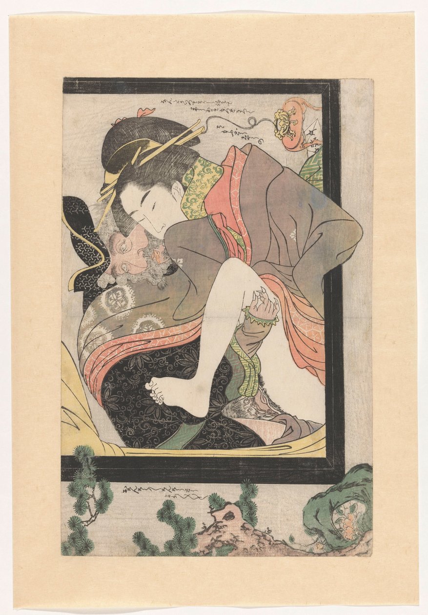 Japon bir fahişe ile Hollandalı by Chokosai Eishô (attributed to)
